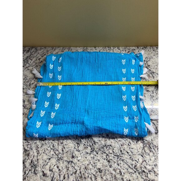 Vintage Womens Rectangle Scarf Blue White Embroidery Tassels Crinkled Boho Chic - Picture 4 of 5